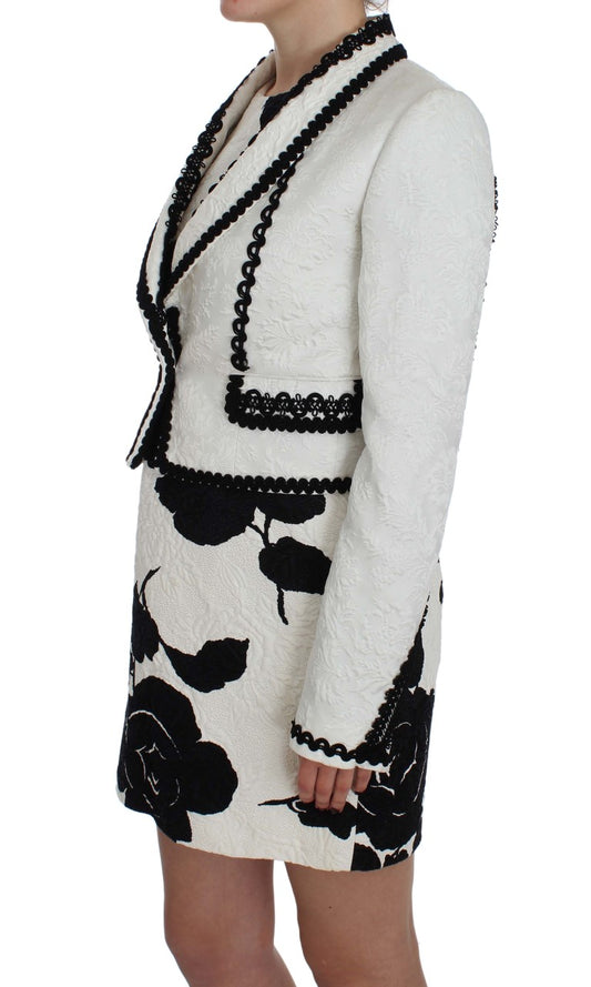 Elegant White & Black Floral Brocade Blazer Jacket