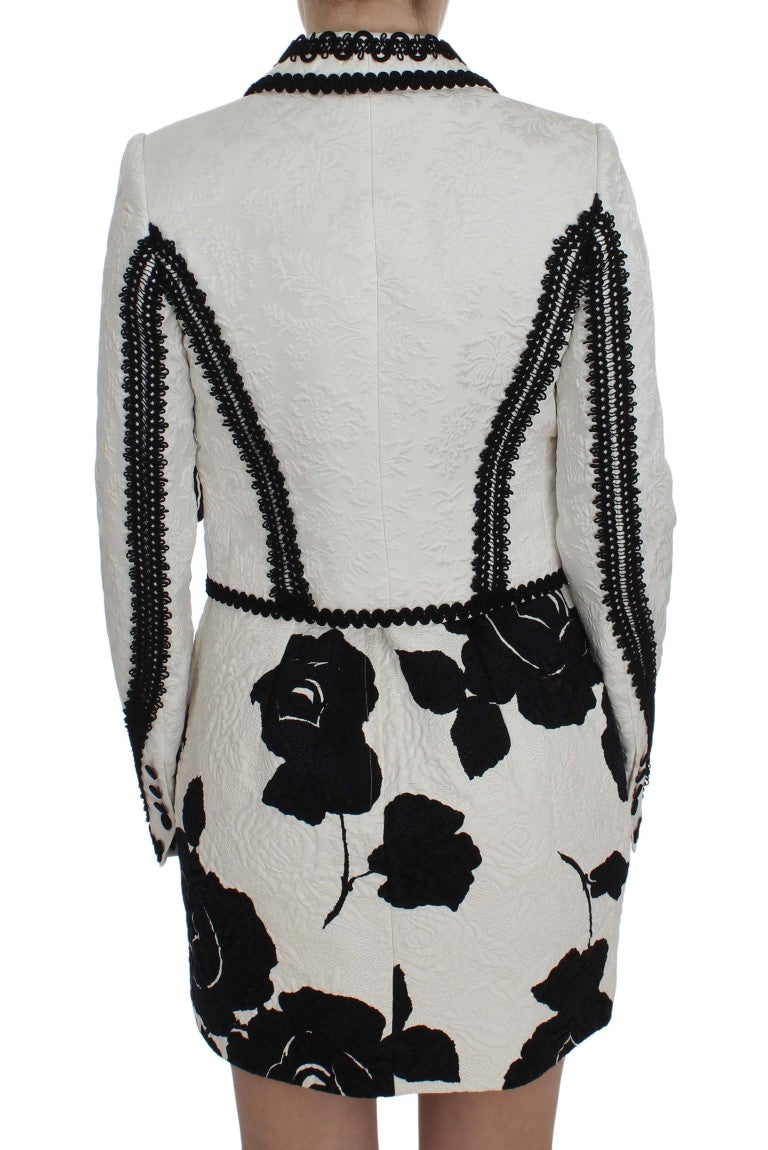 Elegant White & Black Floral Brocade Blazer Jacket