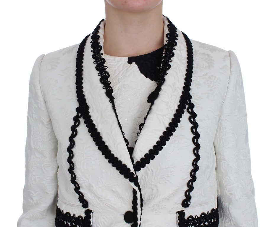 Elegant White & Black Floral Brocade Blazer Jacket