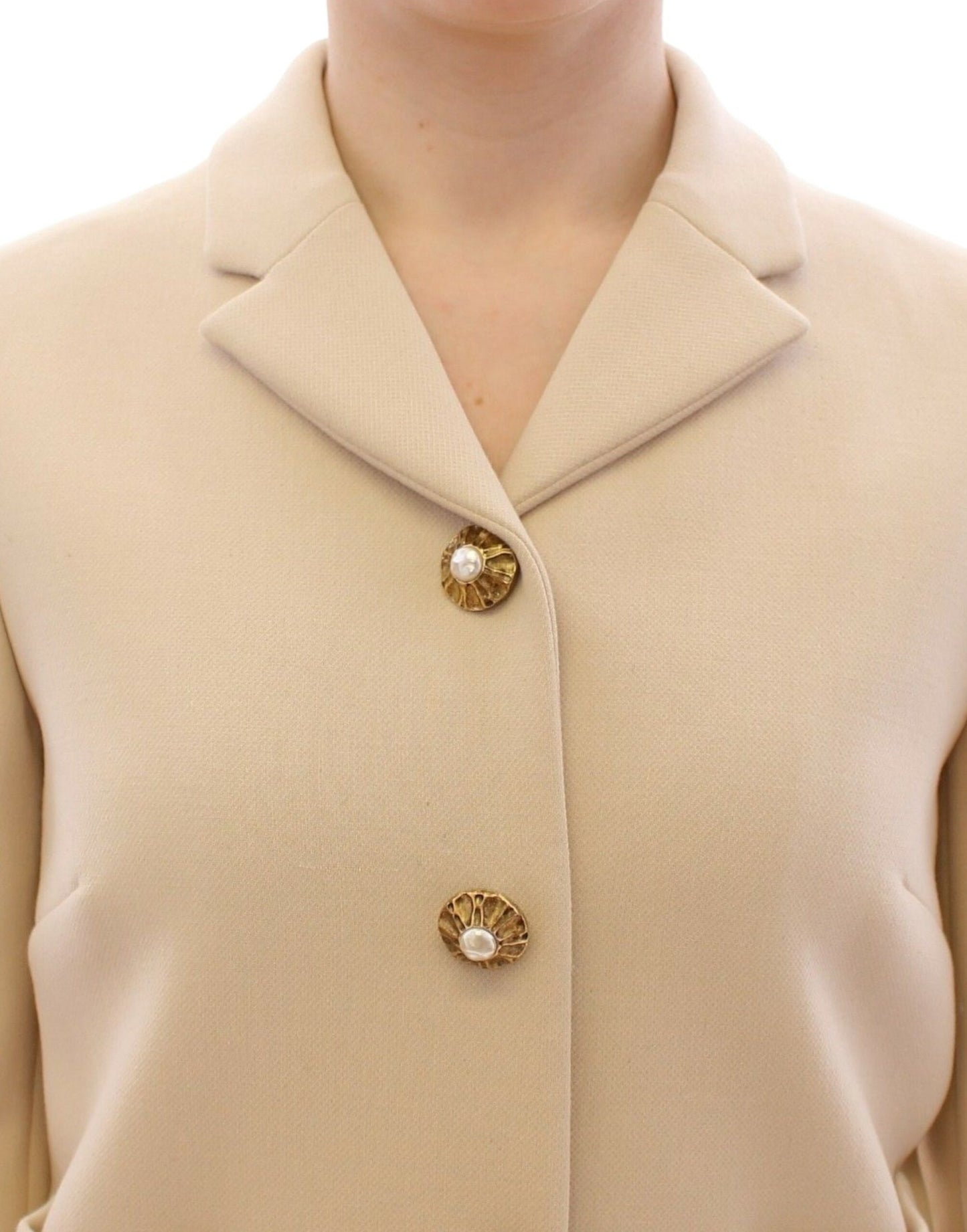 Beige Wool Pearl Button Jacket Blazer Coat