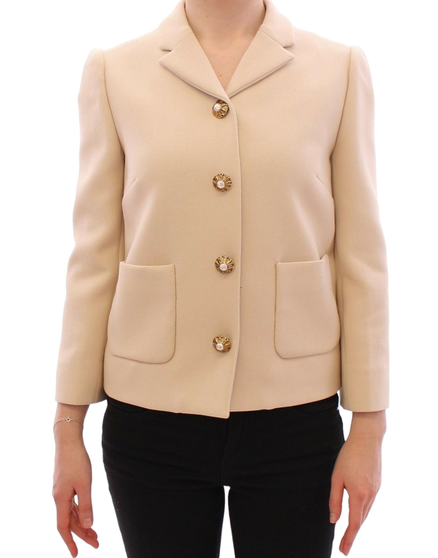 Beige Wool Pearl Button Jacket Blazer Coat