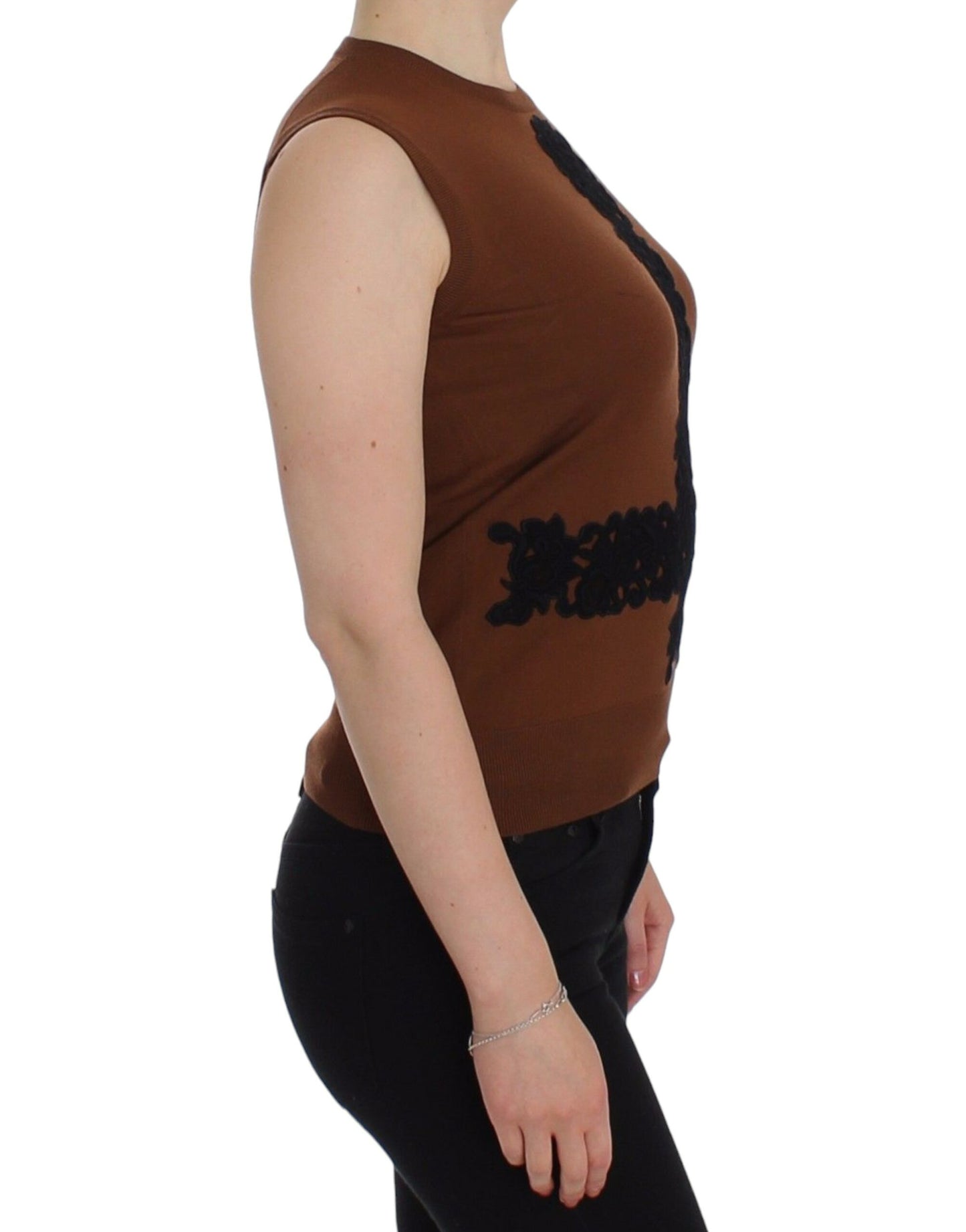 Brown Wool Black Lace Vest Sweater Top