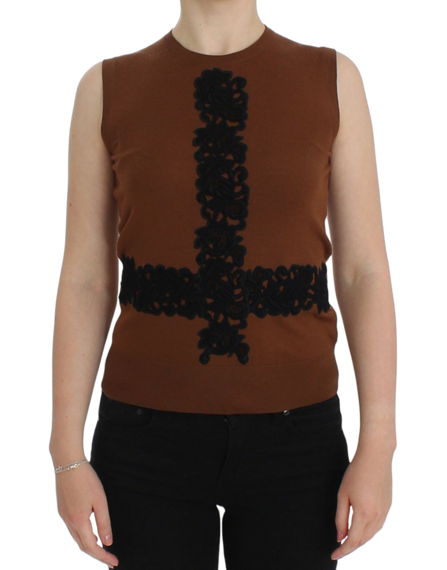 Brown Wool Black Lace Vest Sweater Top