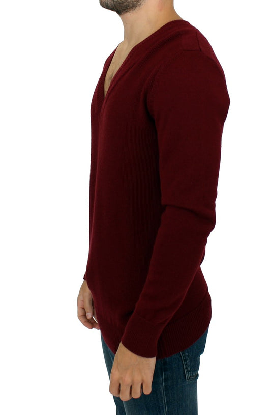 Elegant V-Neck Bordeaux Wool Sweater