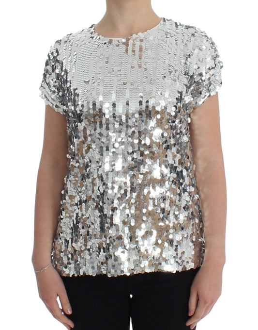 Silver Sequined Crewneck Blouse T-shirt Top