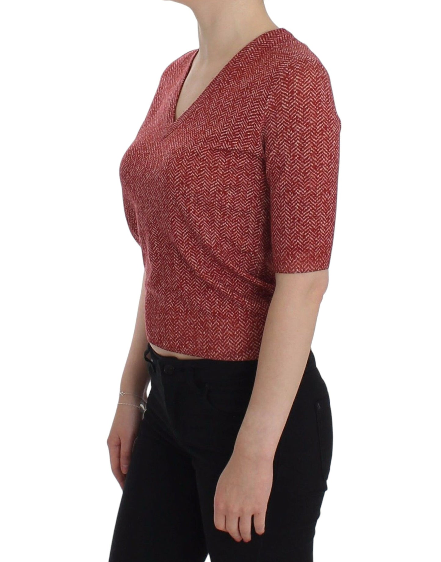 Red Wool Tweed Short Sleeve Sweater Pullover