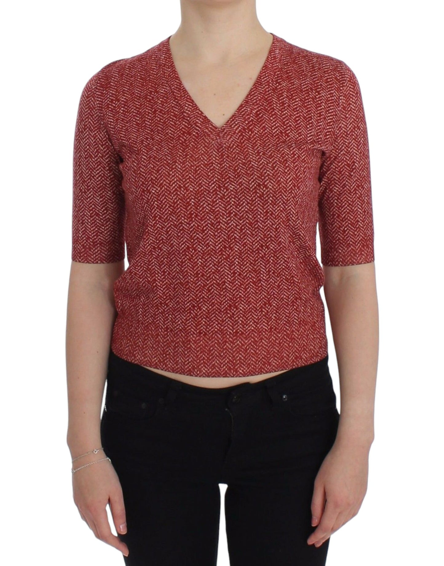 Red Wool Tweed Short Sleeve Sweater Pullover