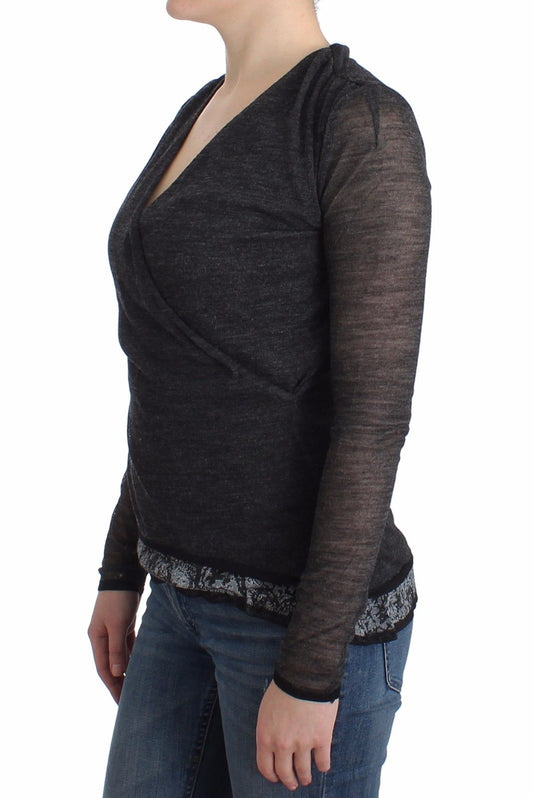 Chic Gray Deep V-Neck Wool Blend Sweater