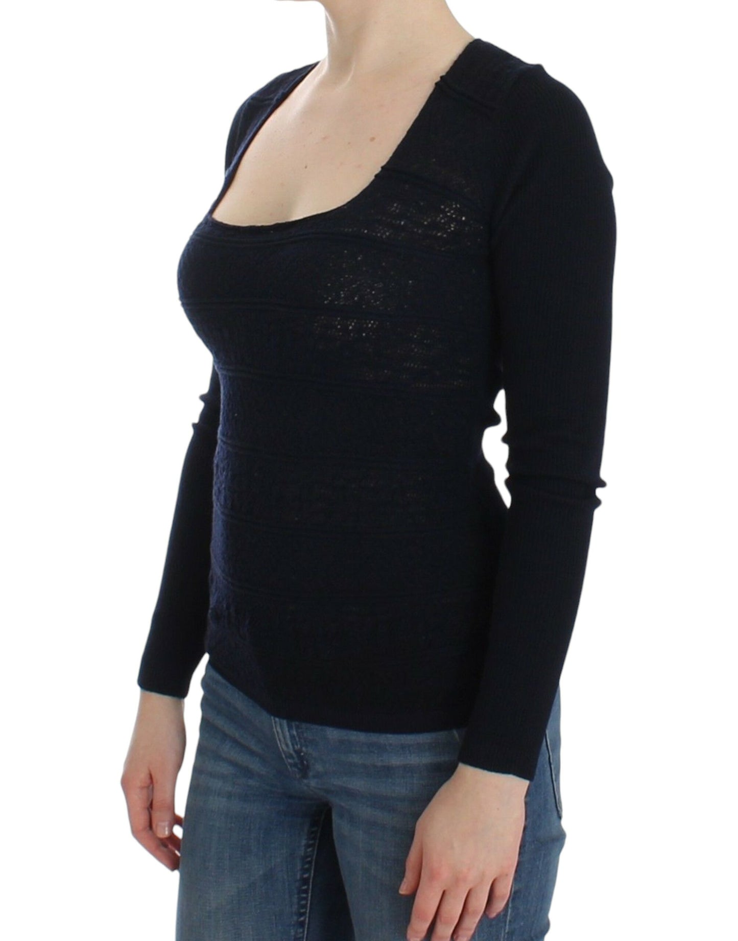 Blue Knitted Wool Stretch Sweater Top