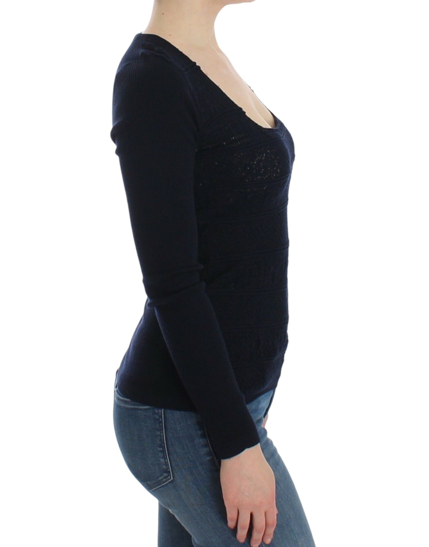 Blue Knitted Wool Stretch Sweater Top