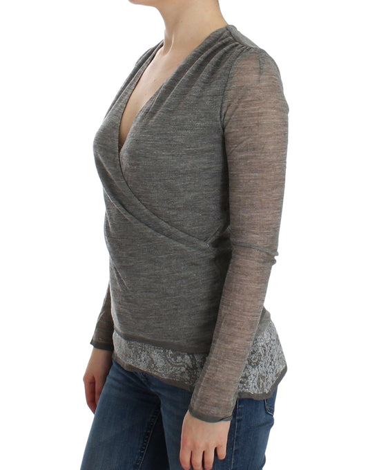 Gray Wool Blend Stretch Long Sleeve Sweater