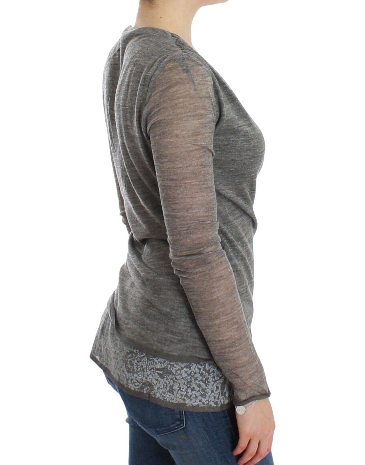 Gray Wool Blend Stretch Long Sleeve Sweater