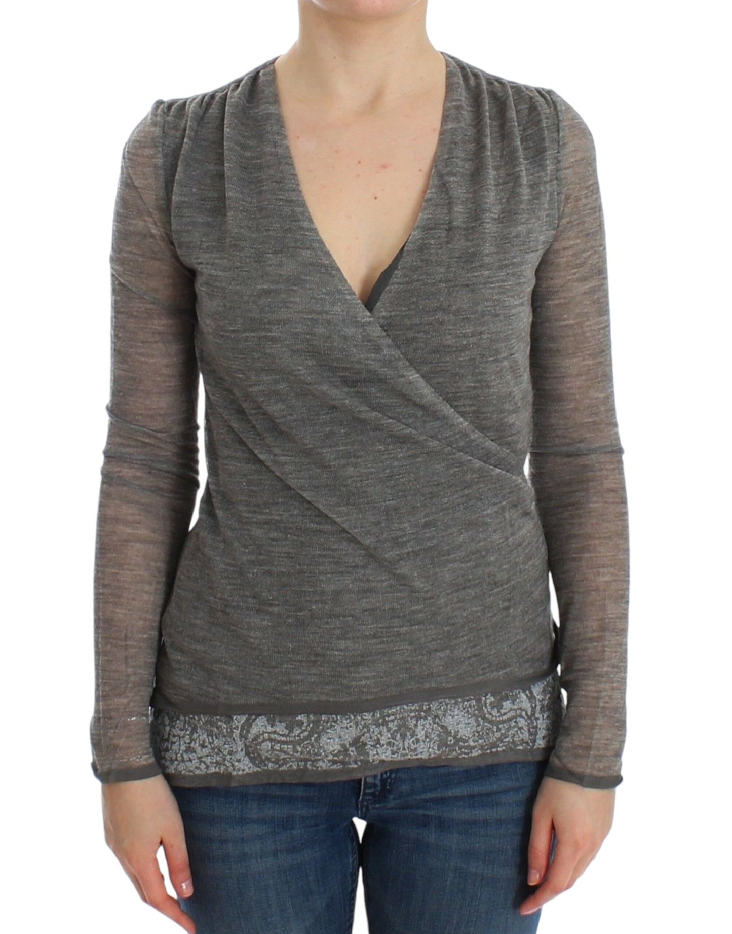 Gray Wool Blend Stretch Long Sleeve Sweater