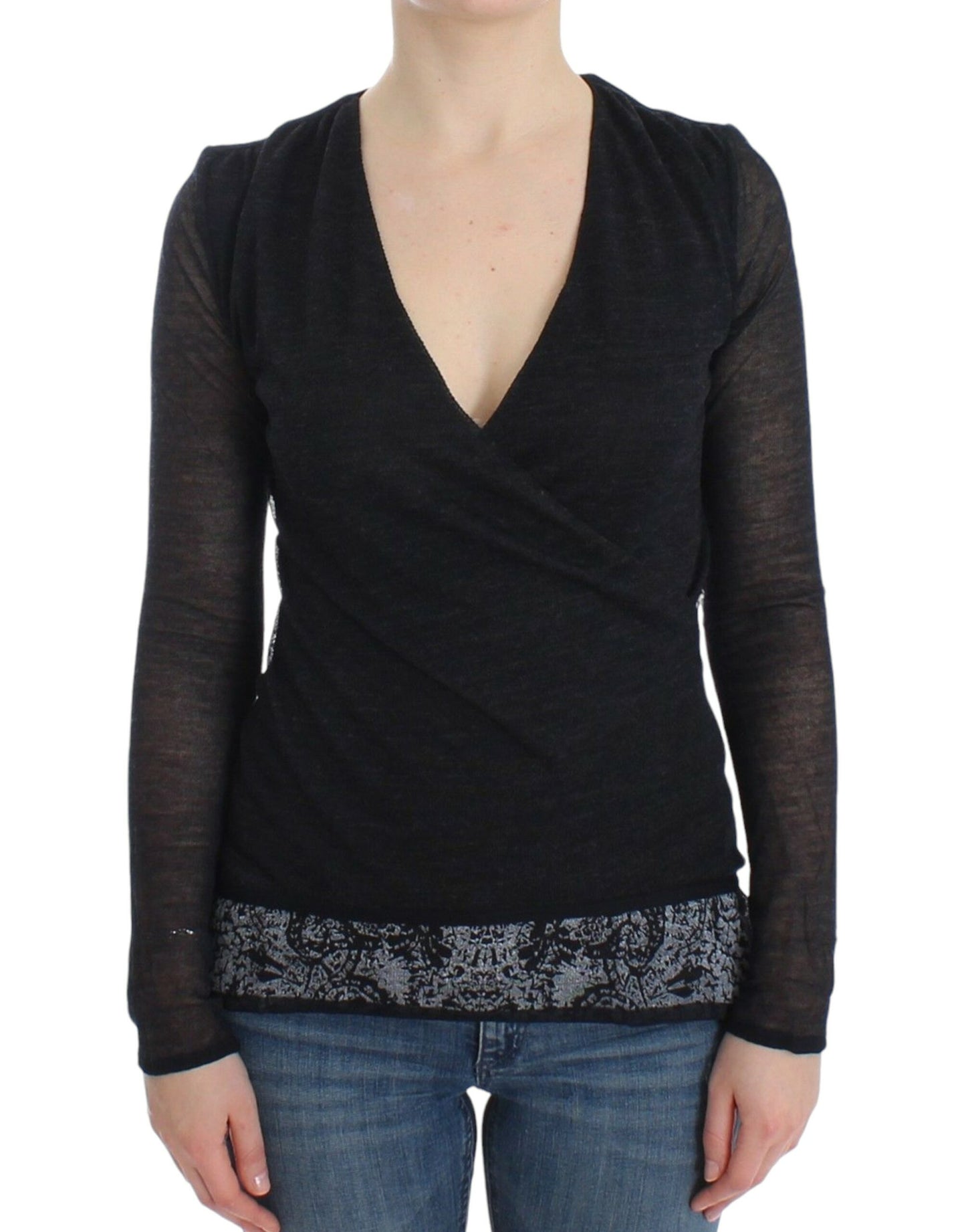 Black Wool Blend Stretch Long Sleeve Sweater