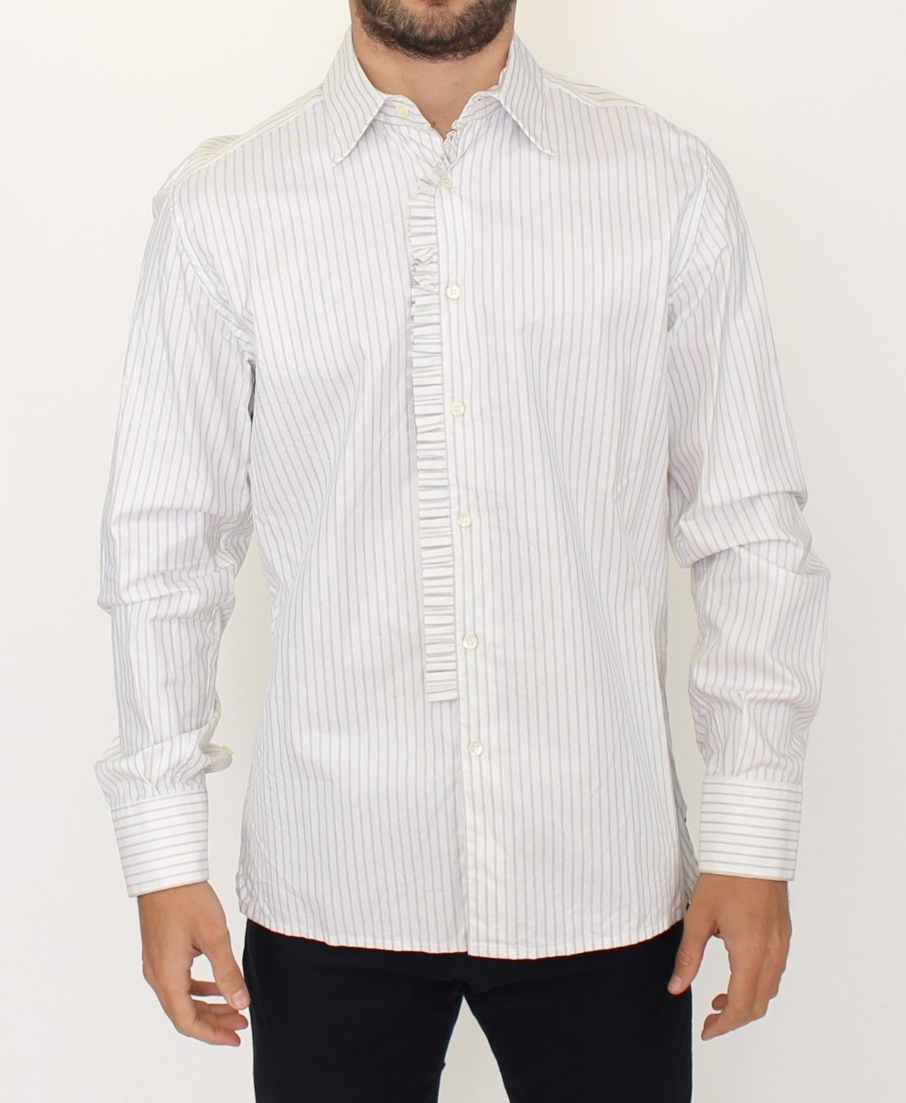 Elegant White Striped Cotton Dress Shirt