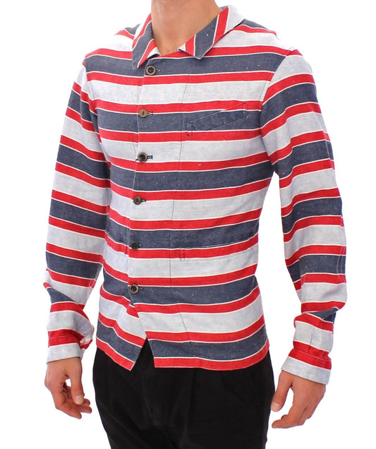 Chic Blue and Red Striped Linen Shirt