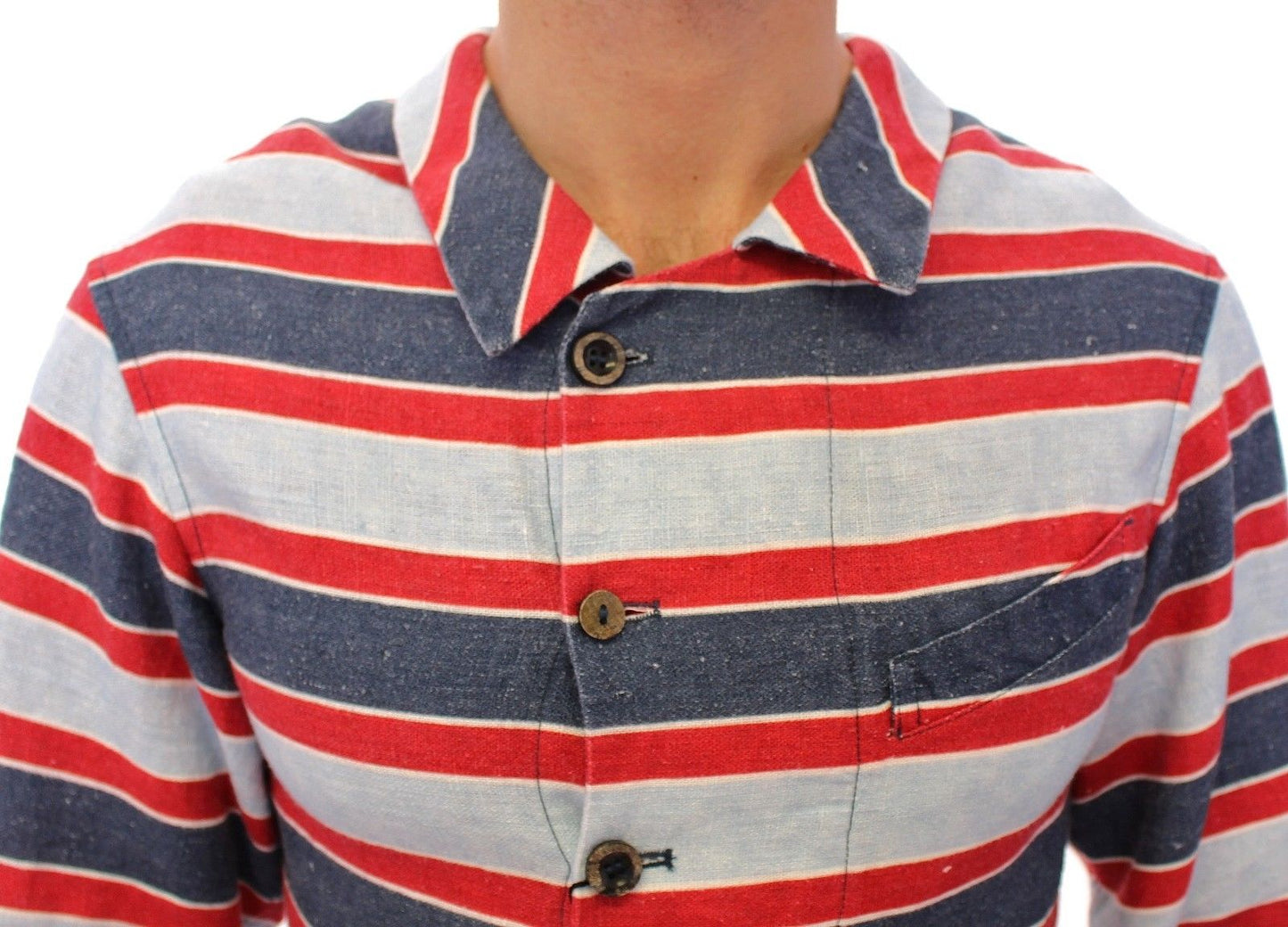 Chic Blue and Red Striped Linen Shirt