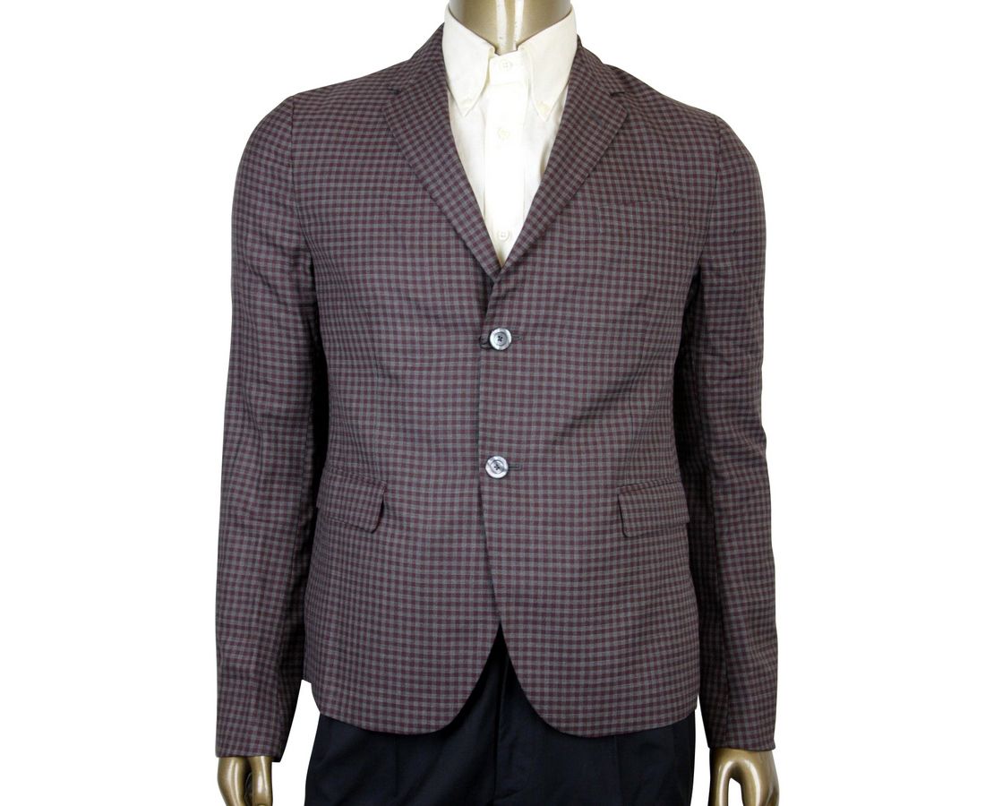 Gucci Men's 2 Buttons Grey / Burgundy Vichy Wool Gauze Jacket