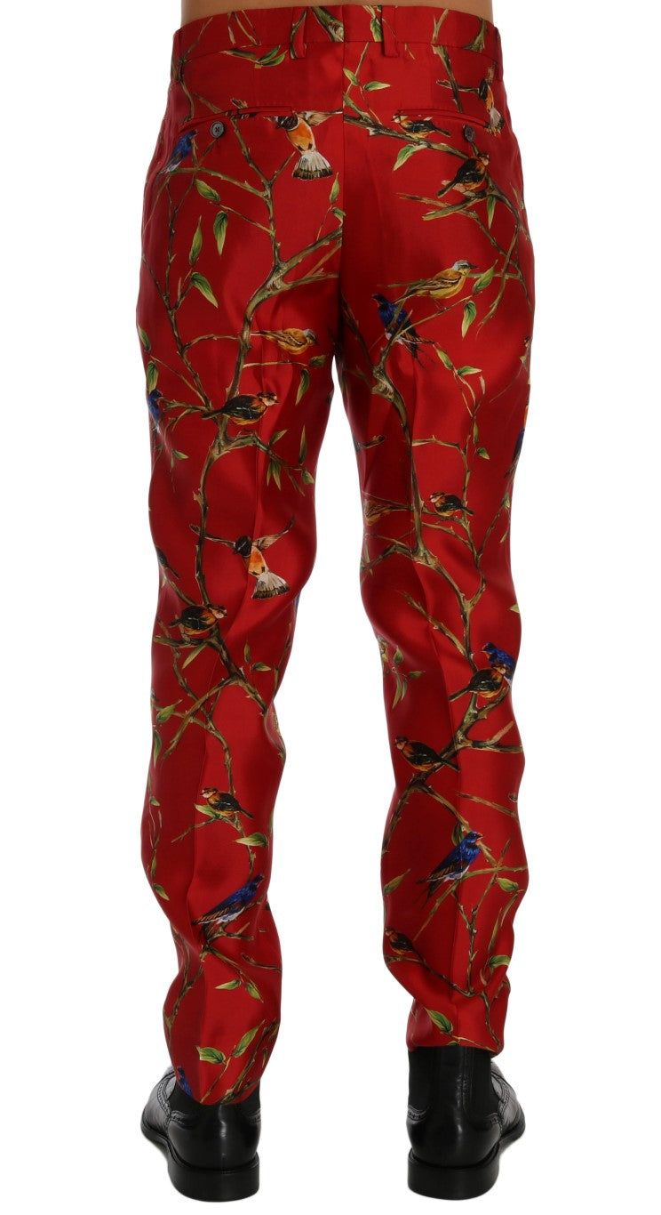 Red Silk Bird Print Dress Pants