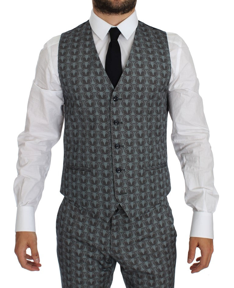 Elegant Blue Owl Print Wool 3-Piece Slim Fit Suit