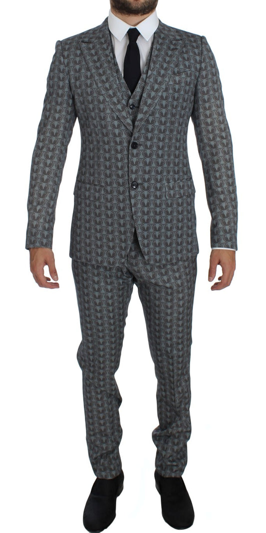 Elegant Blue Owl Print Wool 3-Piece Slim Fit Suit