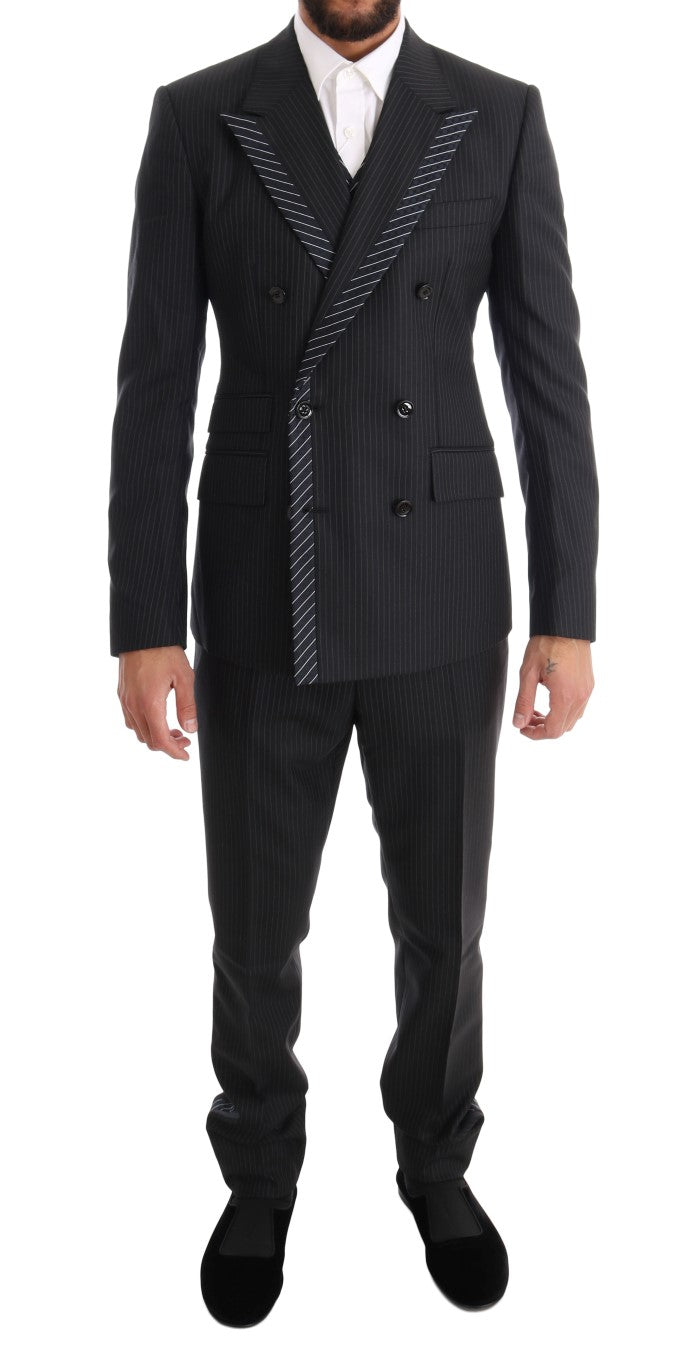 Elegant Gray Striped Wool Silk Men's 3-Piece Suit