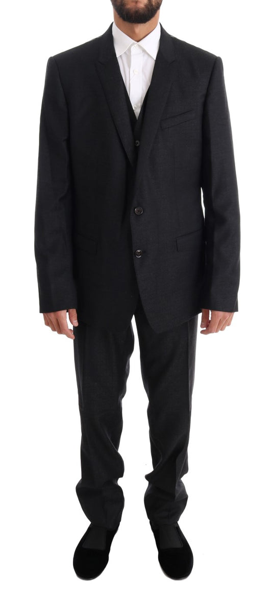 Elegant Gray Wool Three-Piece Suit