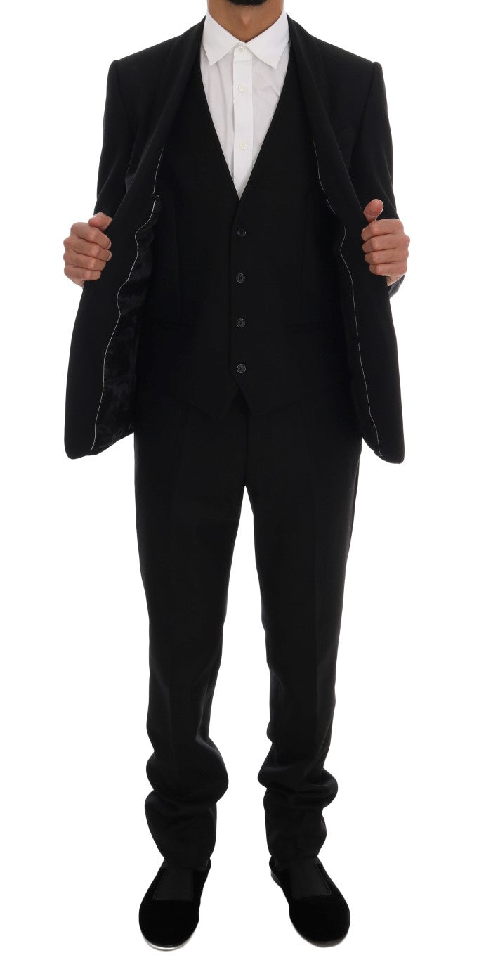 Elegant Black Wool 3-Piece Slim Fit Suit