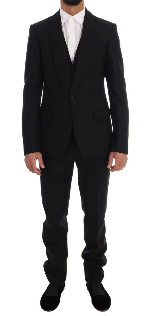 Elegant Black Wool 3-Piece Slim Fit Suit