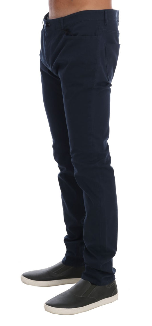 Elegant Blue Slim Fit Cotton Stretch Pants