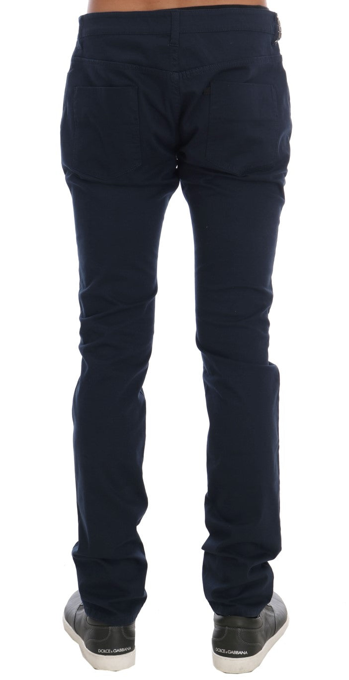 Elegant Blue Slim Fit Cotton Stretch Pants