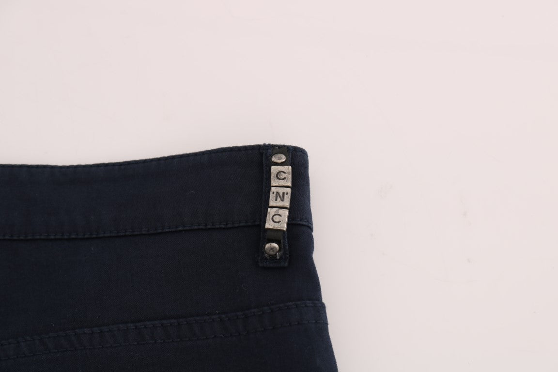 Elegant Blue Slim Fit Cotton Stretch Pants