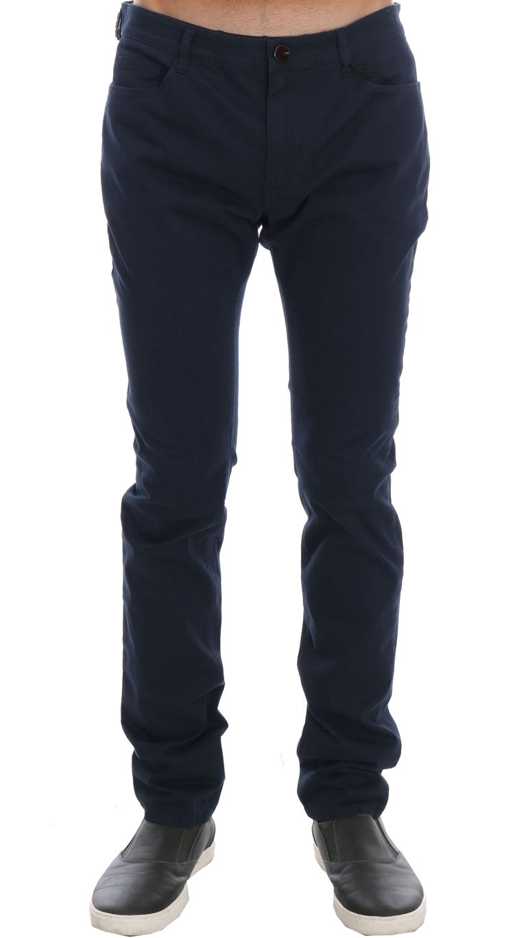 Elegant Blue Slim Fit Cotton Stretch Pants