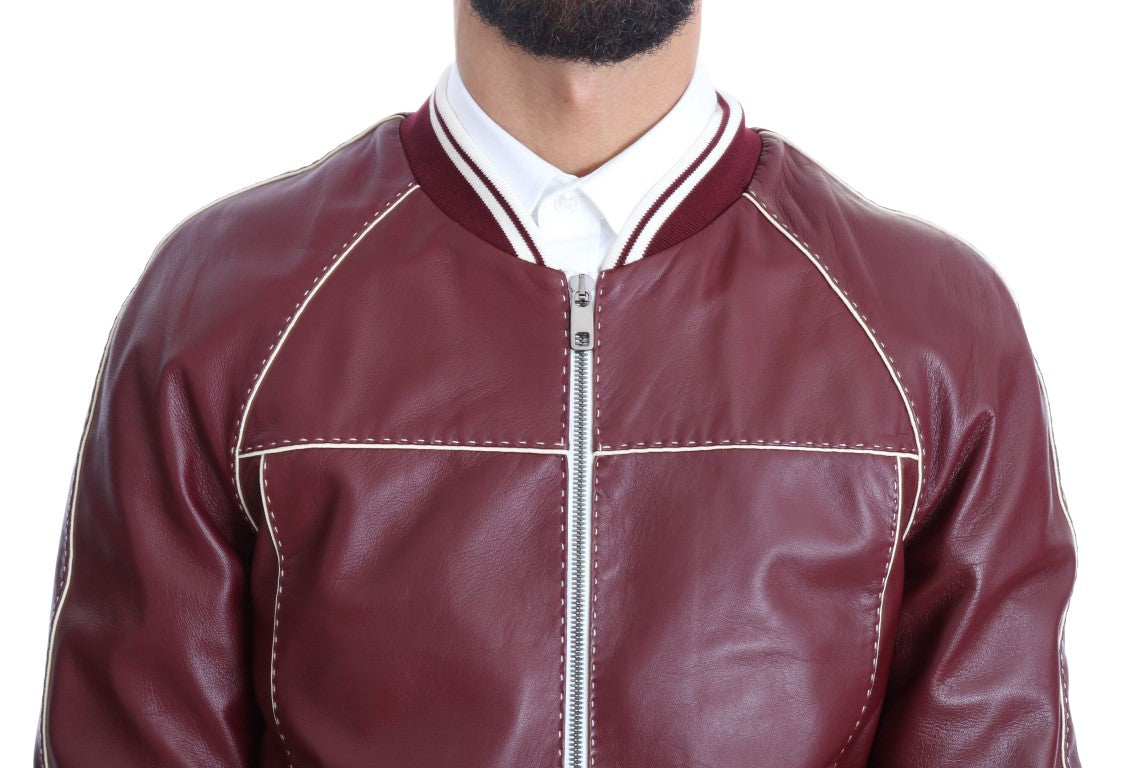 Elegant Bordeaux Leather Bomber Jacket