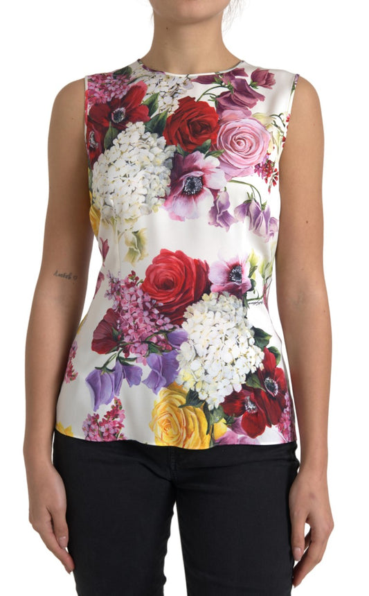 White Floral Silk Sleeveless Tank Blouse Top