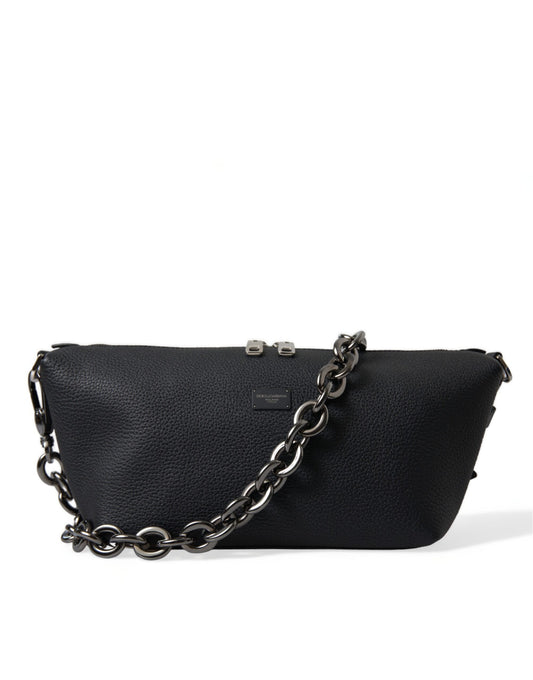 Black Leather Chain Strap Baguette Shoulder Bag