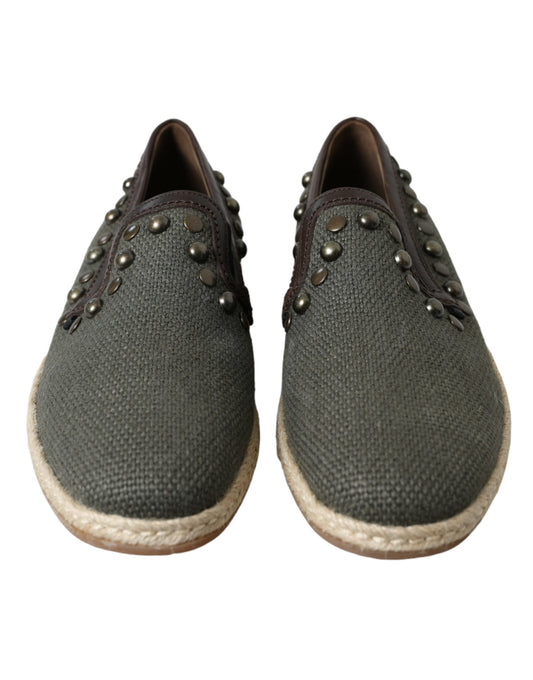 Gray Linen Leather Studded Loafers Shoes