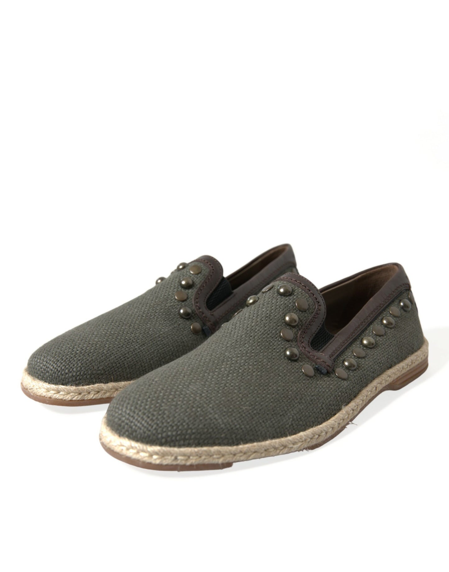 Gray Linen Leather Studded Loafers Shoes