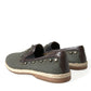 Gray Linen Leather Studded Loafers Shoes