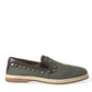 Gray Linen Leather Studded Loafers Shoes