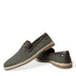 Gray Linen Leather Studded Loafers Shoes