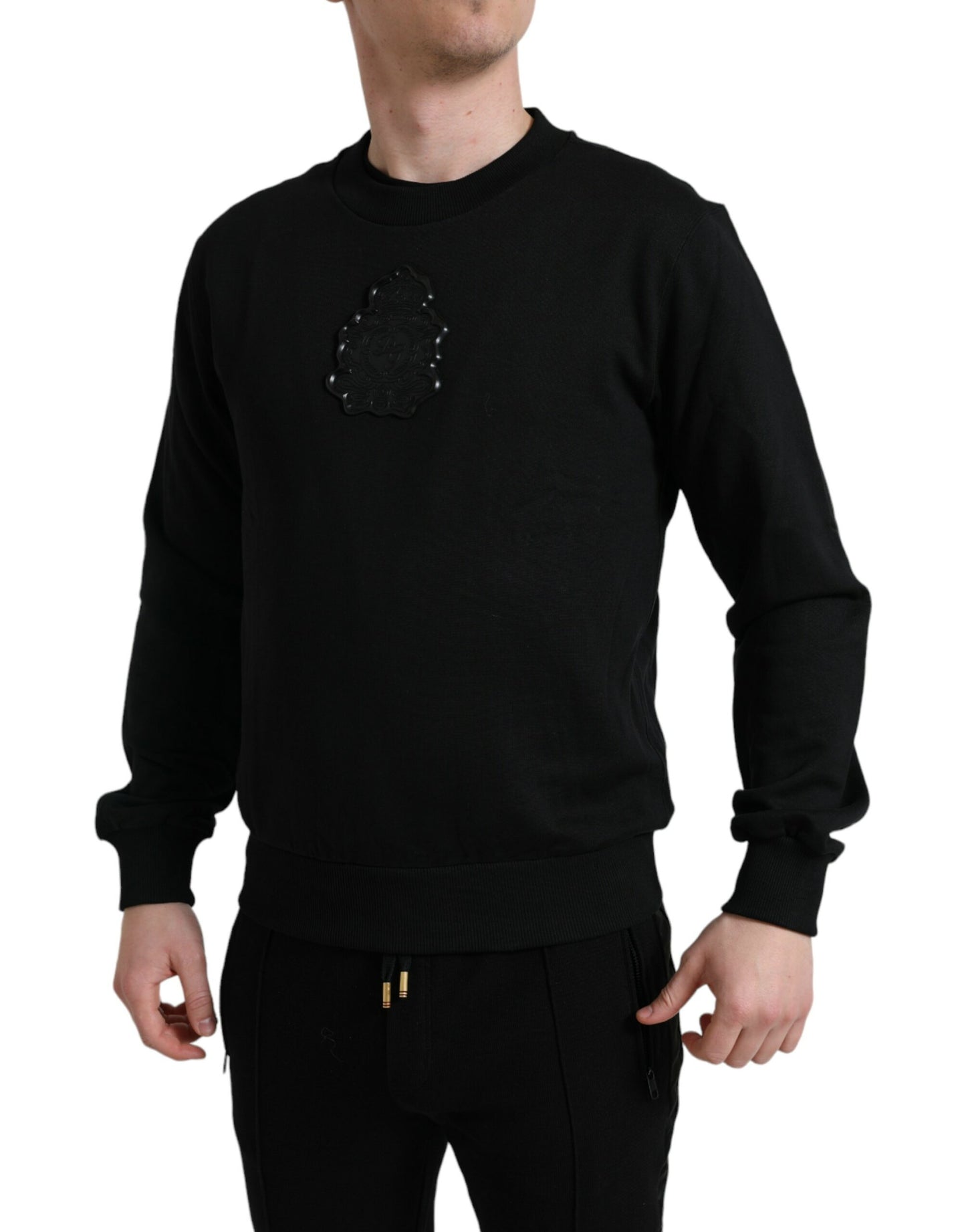 Black Cotton Round Neck Pullover Logo Sweater