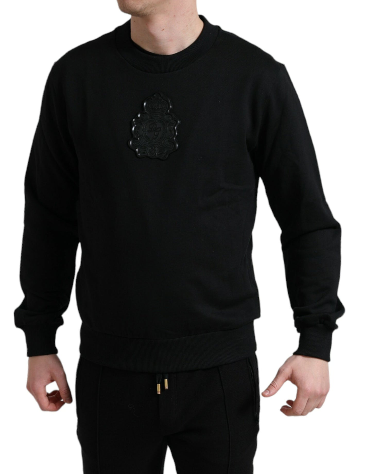 Black Cotton Round Neck Pullover Logo Sweater