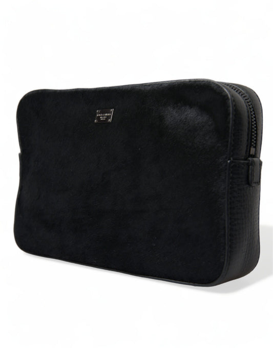 Black Calfskin Leather Bee Embellished Clutch Bag