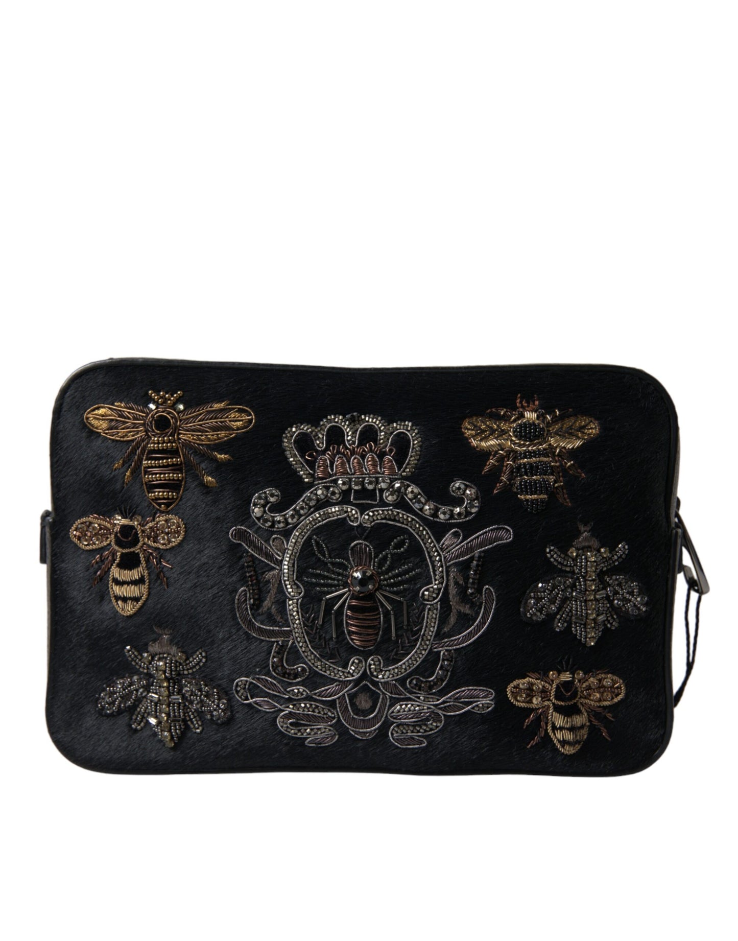 Black Calfskin Leather Bee Embellished Clutch Bag