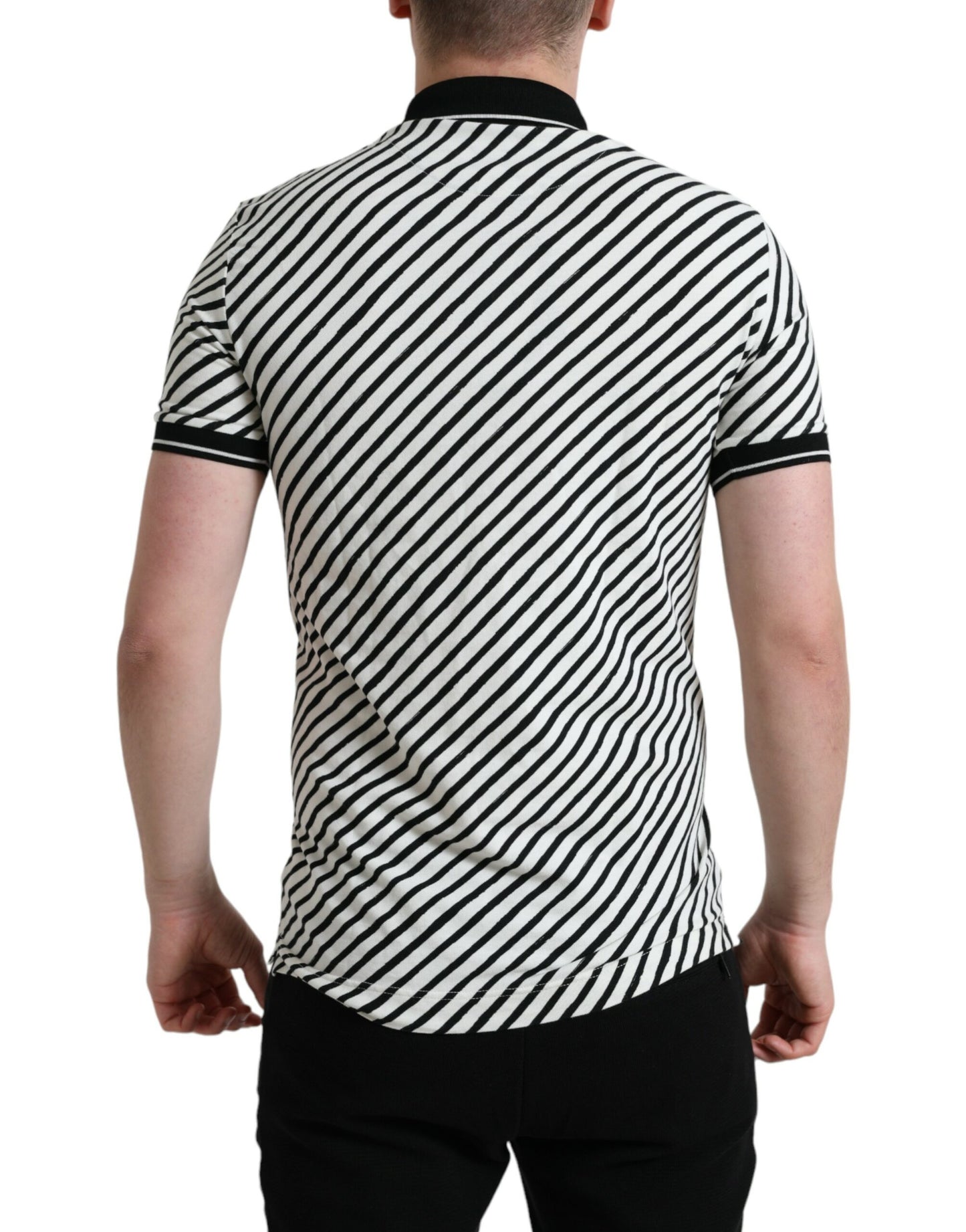 Black White Striped Cotton Polo T-shirt