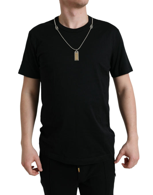 Black Cotton Dog Tag Round Neck T-shirt