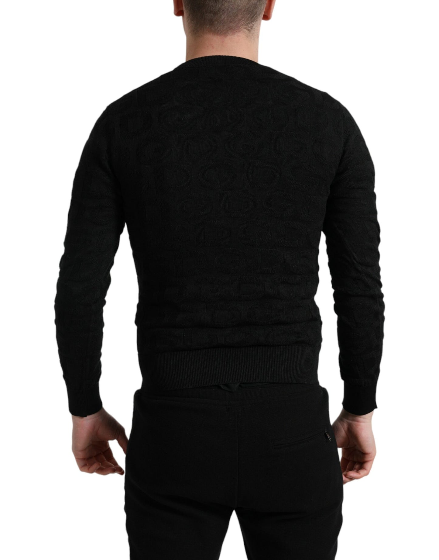 Black Silk Crew Neck Men Pullover Sweater