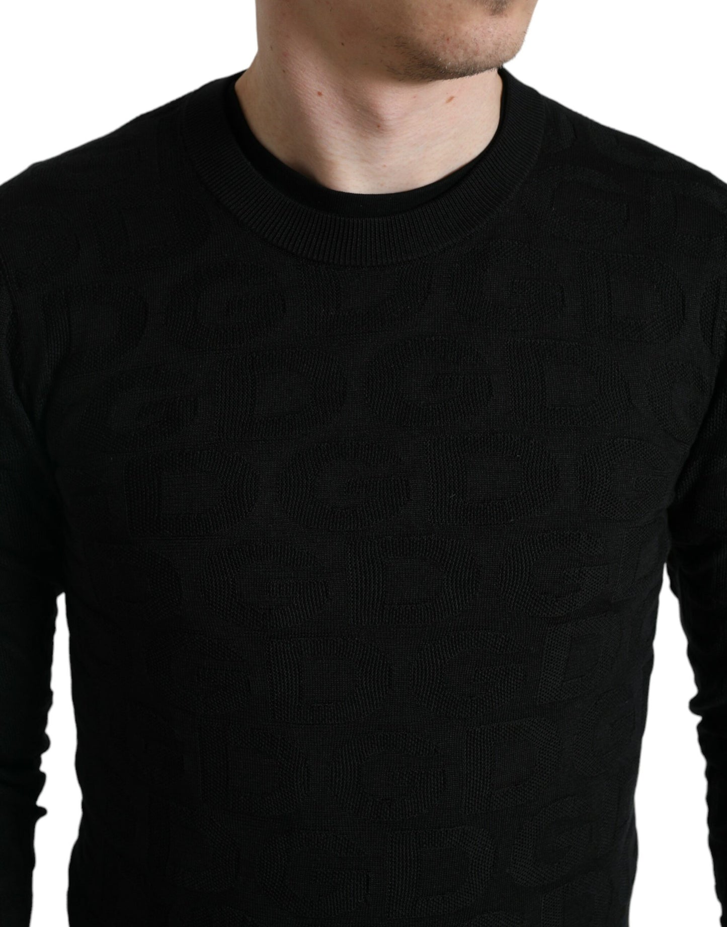 Black Silk Crew Neck Men Pullover Sweater