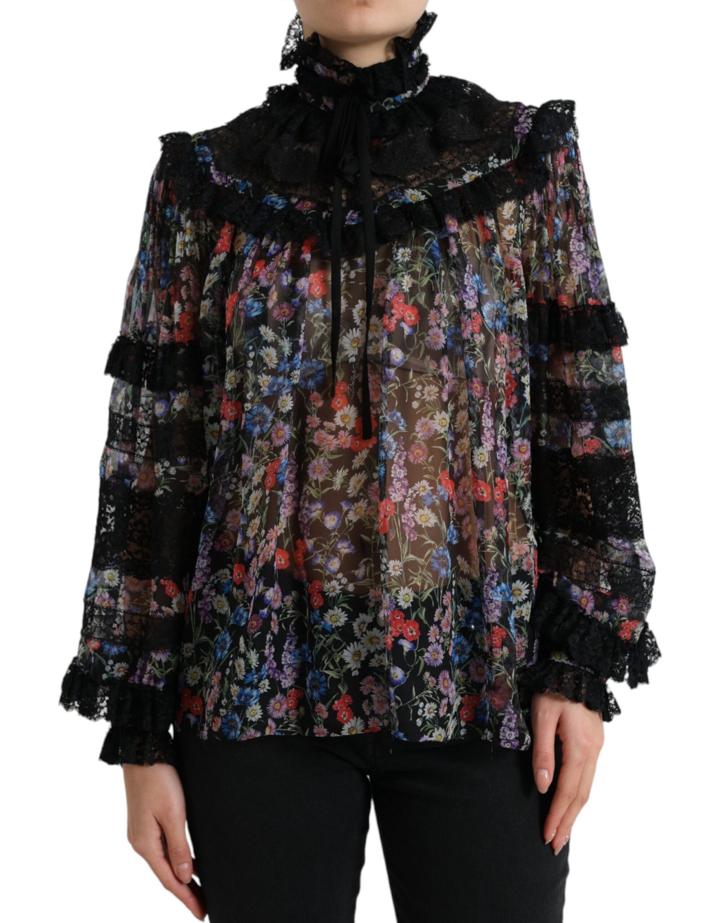 Black Floral Print Long Sleeves Blouse Top